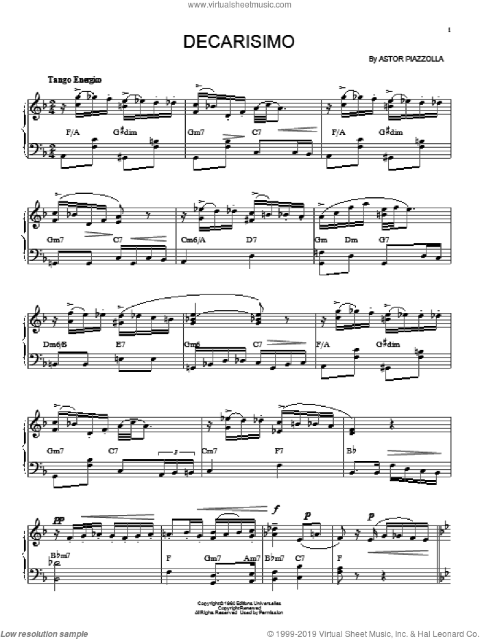 Decarisimo sheet music for piano solo by Astor Piazzolla, intermediate skill level