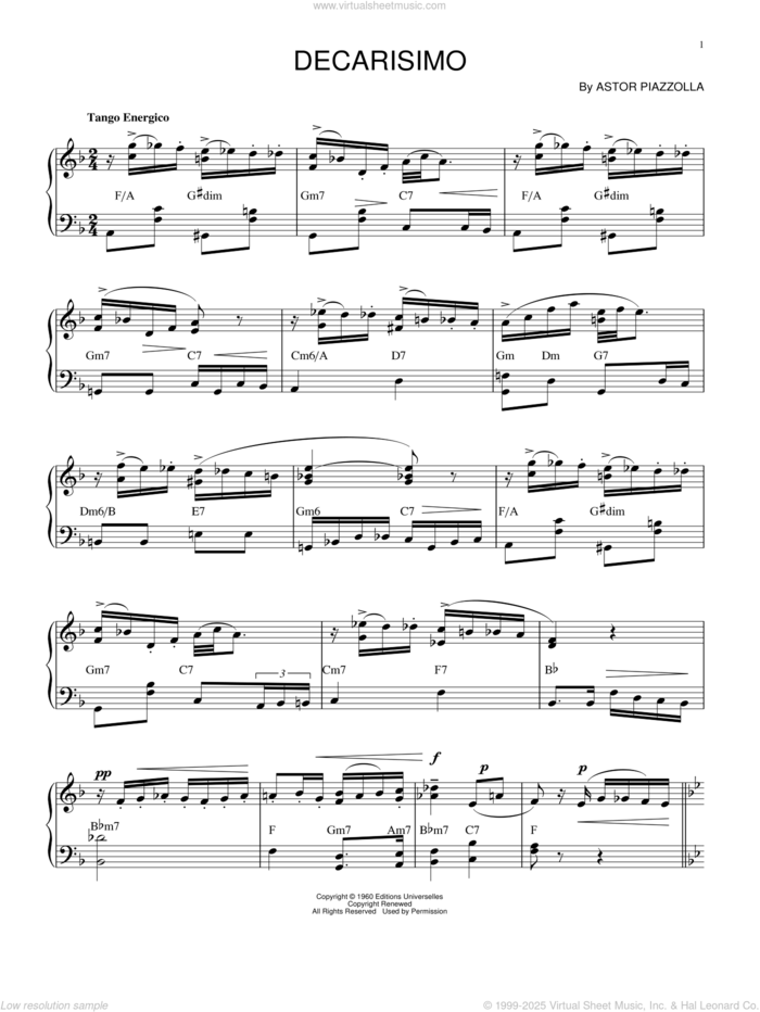Decarisimo sheet music for piano solo by Astor Piazzolla, intermediate skill level