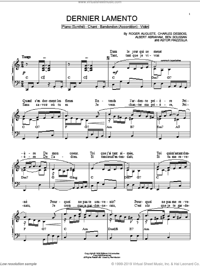 Dernier lamento sheet music for piano solo by Astor Piazzolla, Albert Abraham, Ben Soussan, Charles Desbois and Roger Auguste, intermediate skill level