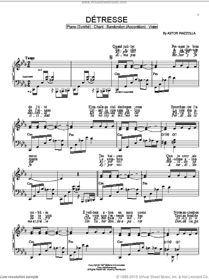 Detresse sheet music for piano solo by Astor Piazzolla, intermediate skill level