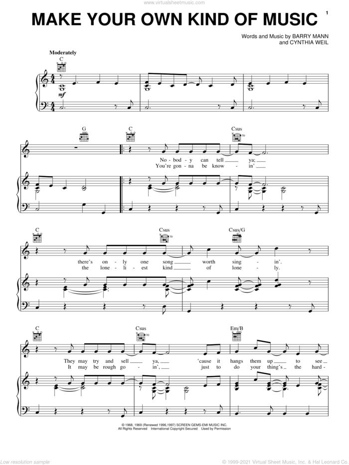 Make Your Own Kind Of Music sheet music for voice, piano or guitar by Mama Cass Elliot, Barry Mann and Cynthia Weil, intermediate skill level