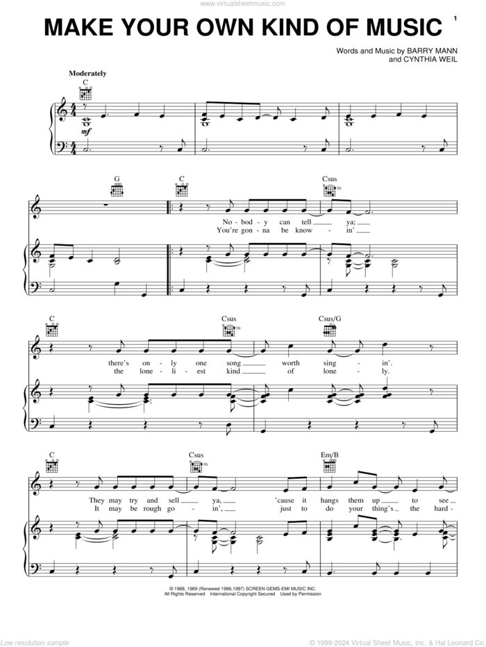 Make Your Own Kind Of Music sheet music for voice, piano or guitar by Mama Cass Elliot, Barry Mann and Cynthia Weil, intermediate skill level