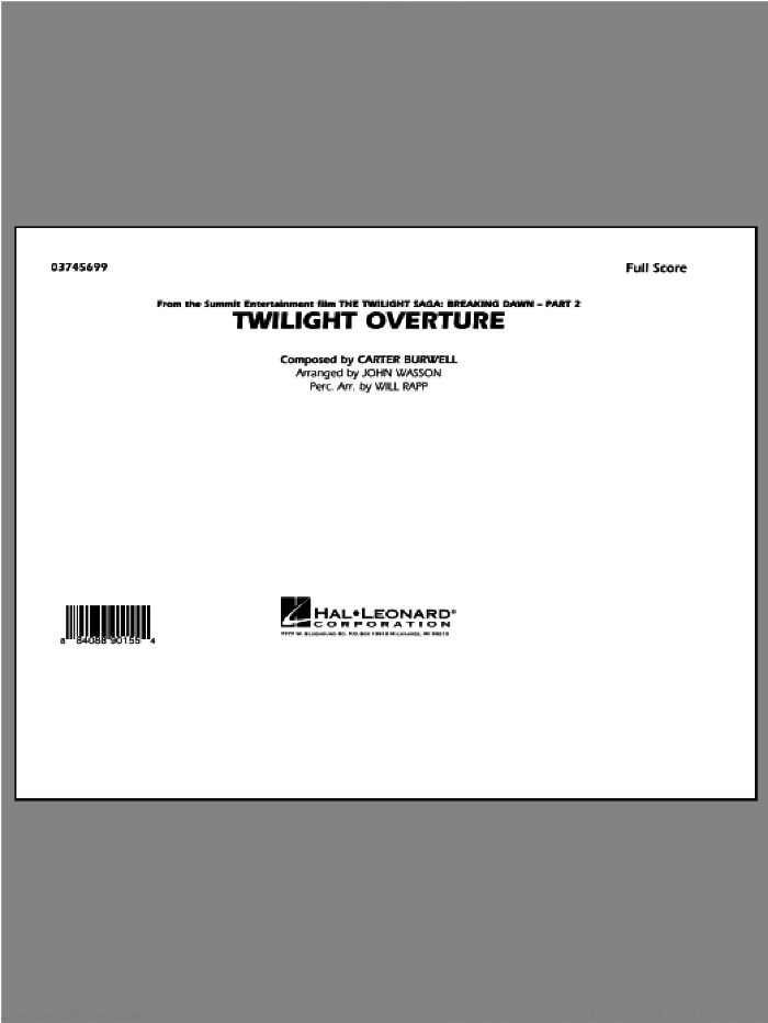 Twilight Overture (COMPLETE) sheet music for marching band by Carter Burwell and John Wasson, intermediate skill level
