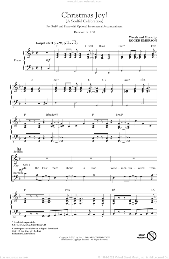 Christmas Joy! (A Soulful Celebration) sheet music for choir (SAB: soprano, alto, bass) by Roger Emerson, intermediate skill level