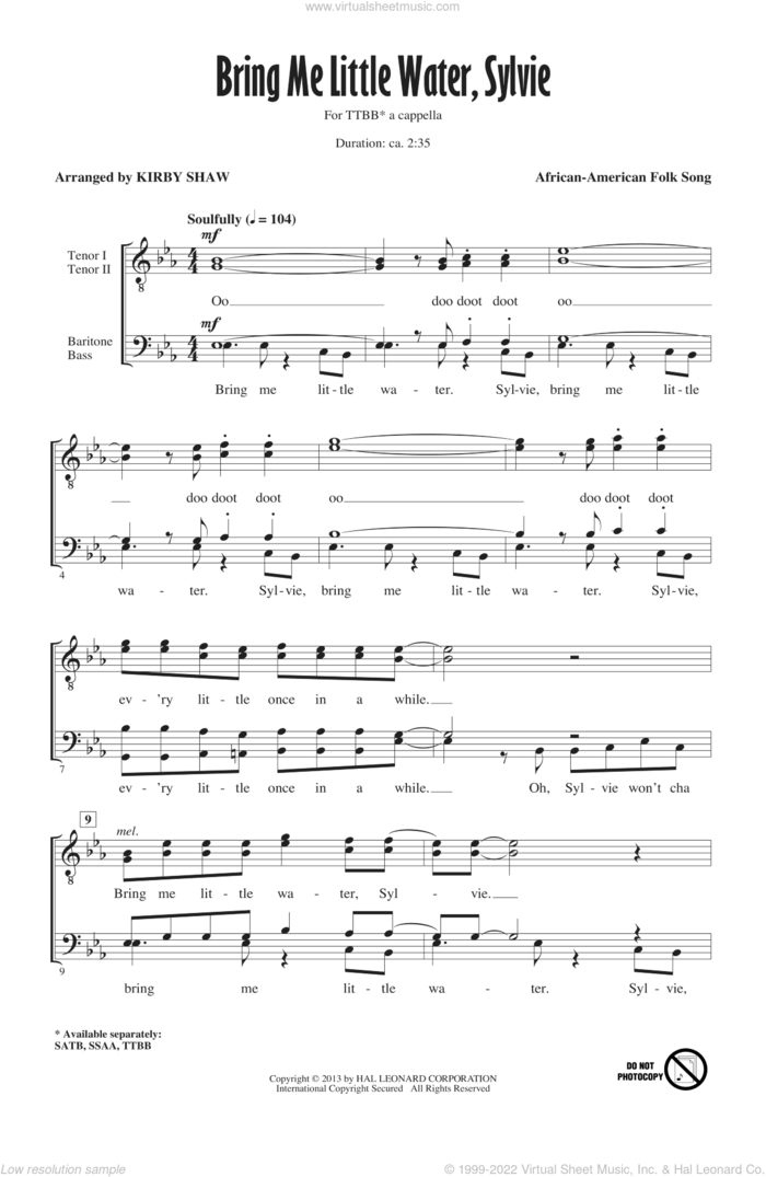 Bring Me Lil'l Water, Sylvie sheet music for choir (TTBB: tenor, bass) by Kirby Shaw, intermediate skill level