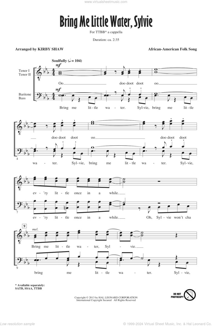 Bring Me Lil'l Water, Sylvie sheet music for choir (TTBB: tenor, bass) by Kirby Shaw, intermediate skill level