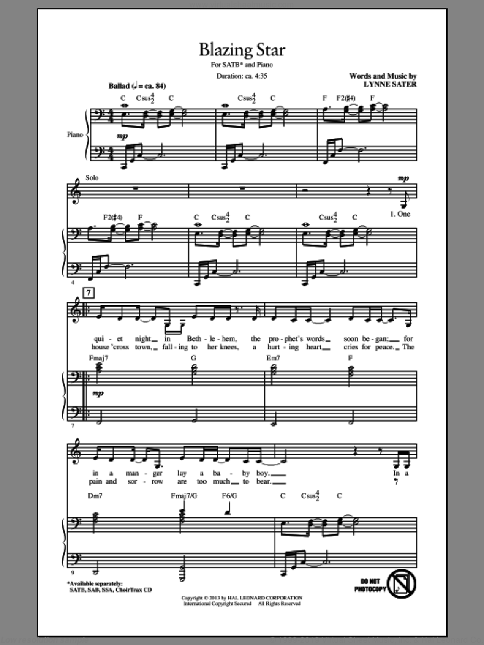 Blazing Star sheet music for choir (SATB: soprano, alto, tenor, bass) by Lynne Sater, intermediate skill level