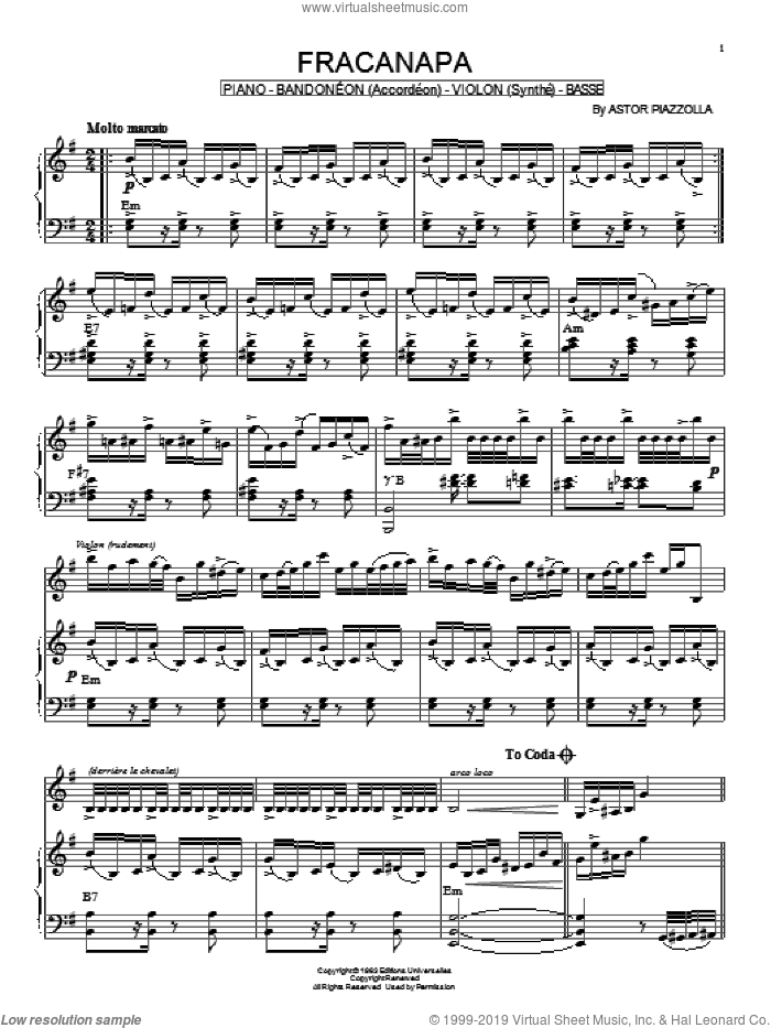 Fracanapa sheet music for piano solo by Astor Piazzolla, intermediate skill level