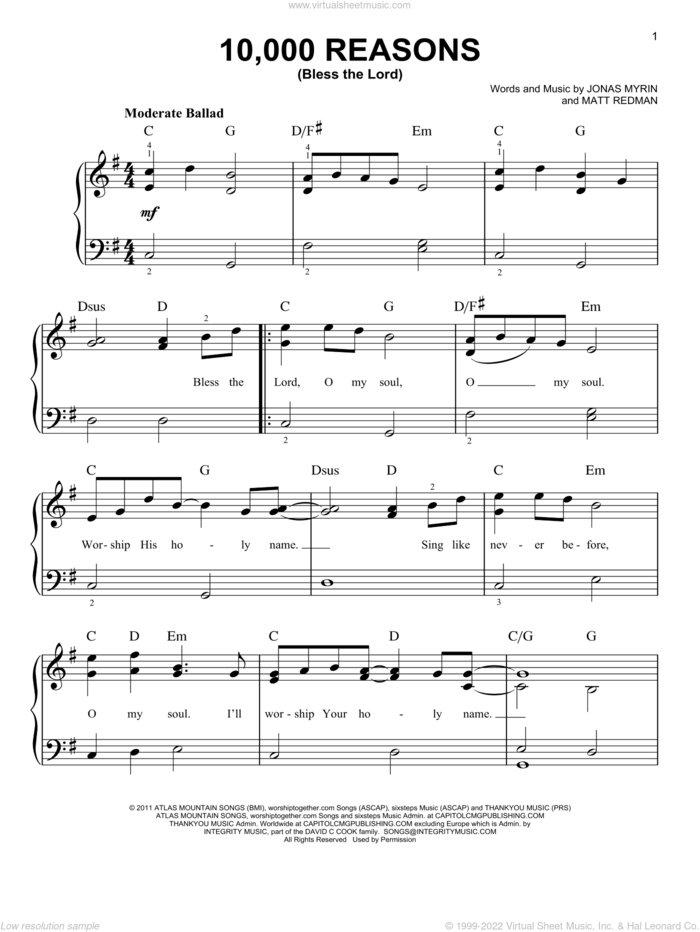 10,000 Reasons (Bless The Lord), (easy) sheet music for piano solo by Matt Redman and Jonas Myrin, easy skill level