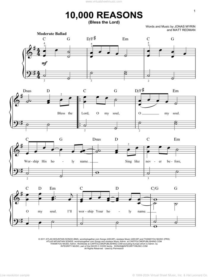 10,000 Reasons (Bless The Lord), (easy) sheet music for piano solo by Matt Redman and Jonas Myrin, easy skill level