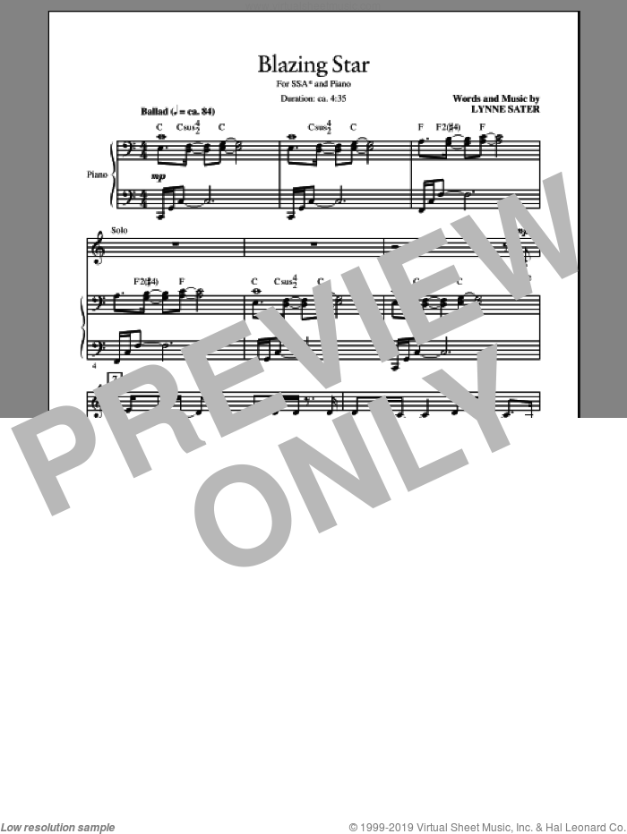 Blazing Star sheet music for choir (SSA: soprano, alto) by Lynne Sater, intermediate skill level