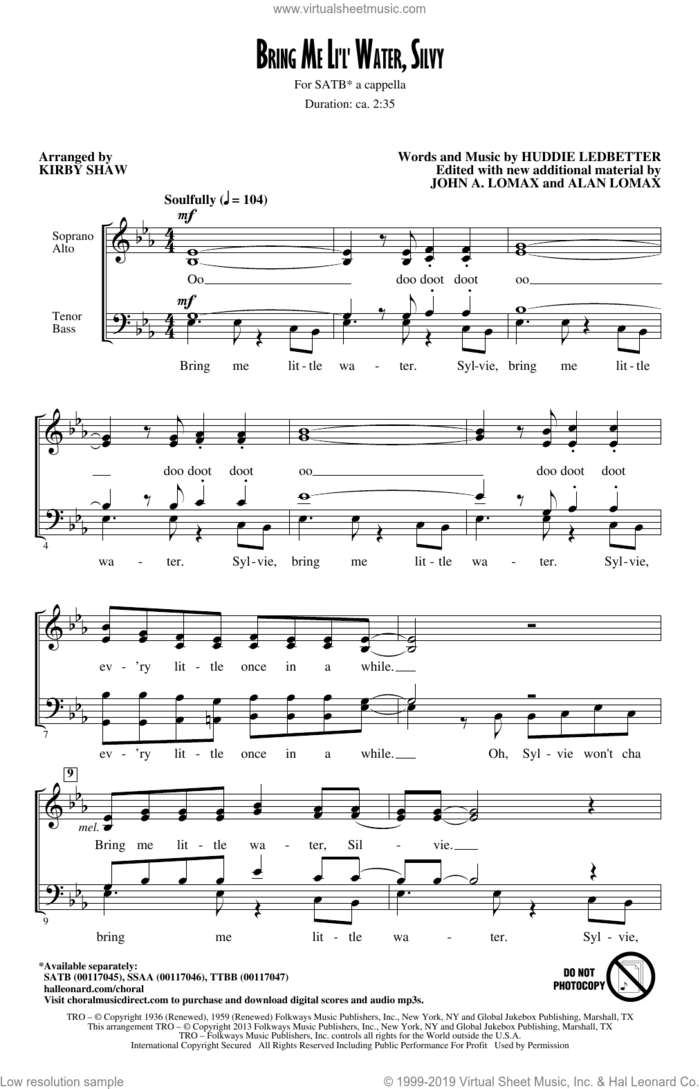 Bring Me Lil'l Water, Sylvie sheet music for choir (SATB: soprano, alto, tenor, bass) by Kirby Shaw, intermediate skill level