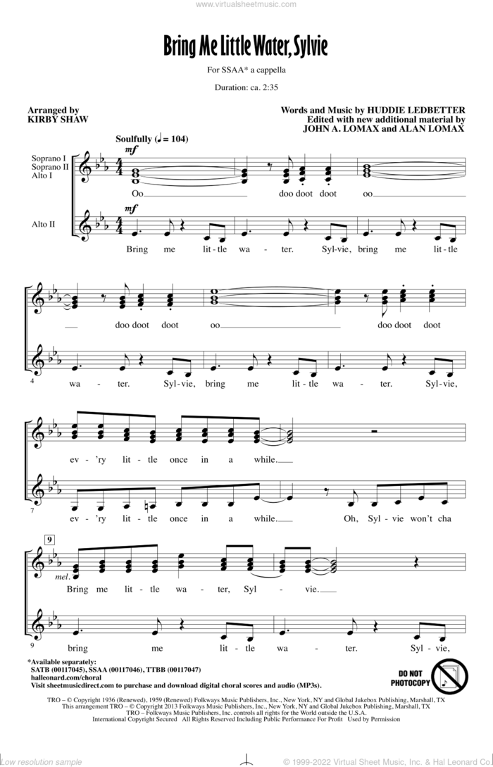 Bring Me Lil'l Water, Sylvie sheet music for choir (SSA: soprano, alto) by Kirby Shaw, intermediate skill level
