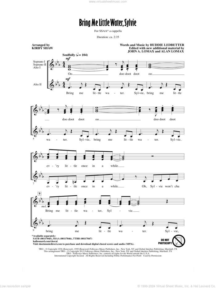 Bring Me Lil'l Water, Sylvie sheet music for choir (SSA: soprano, alto) by Kirby Shaw, intermediate skill level