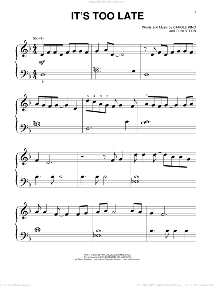 It's Too Late sheet music for piano solo by Carole King and Gloria Estefan, beginner skill level