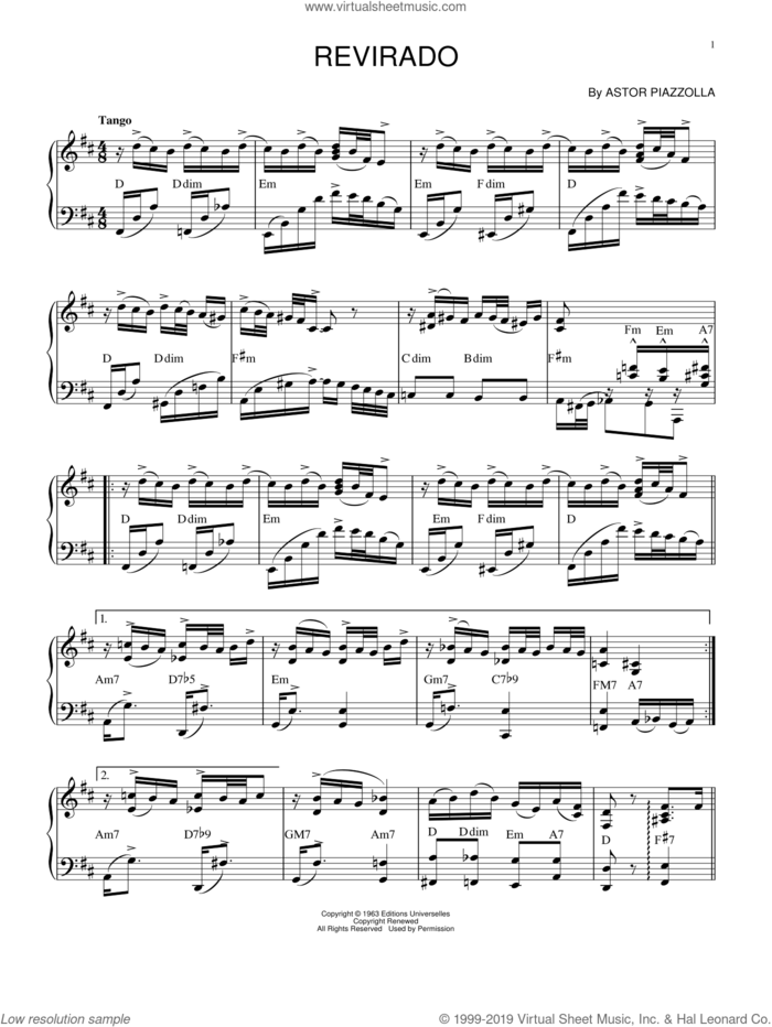 Revirado sheet music for piano solo by Astor Piazzolla, intermediate skill level