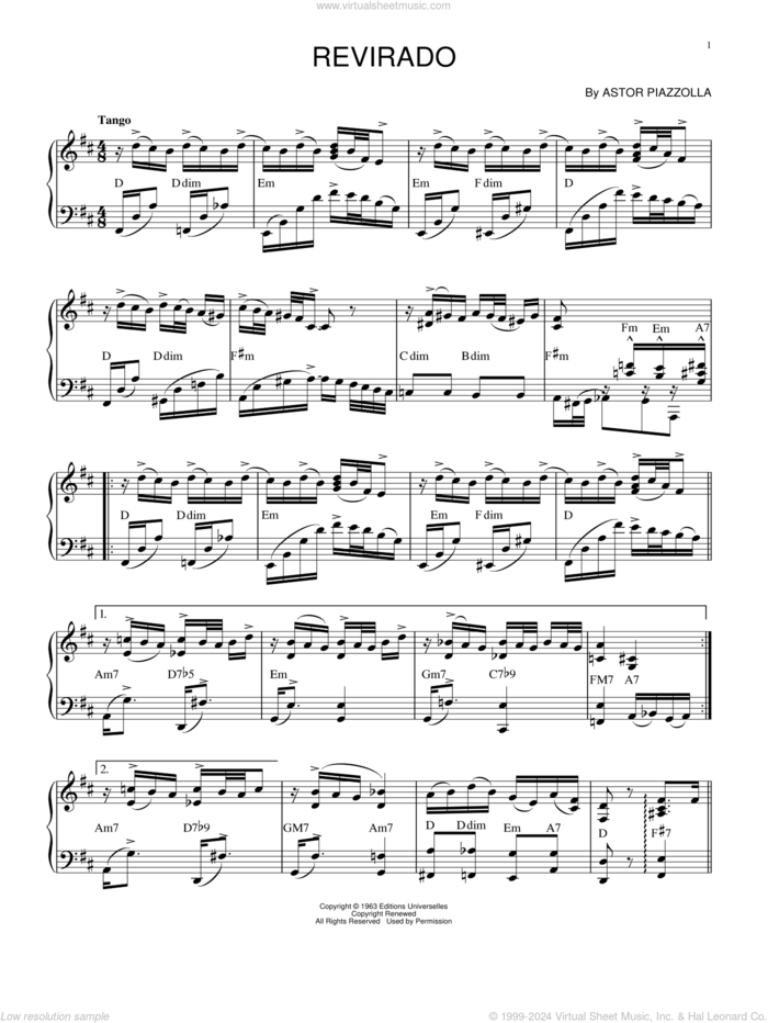 Revirado sheet music for piano solo by Astor Piazzolla, intermediate skill level