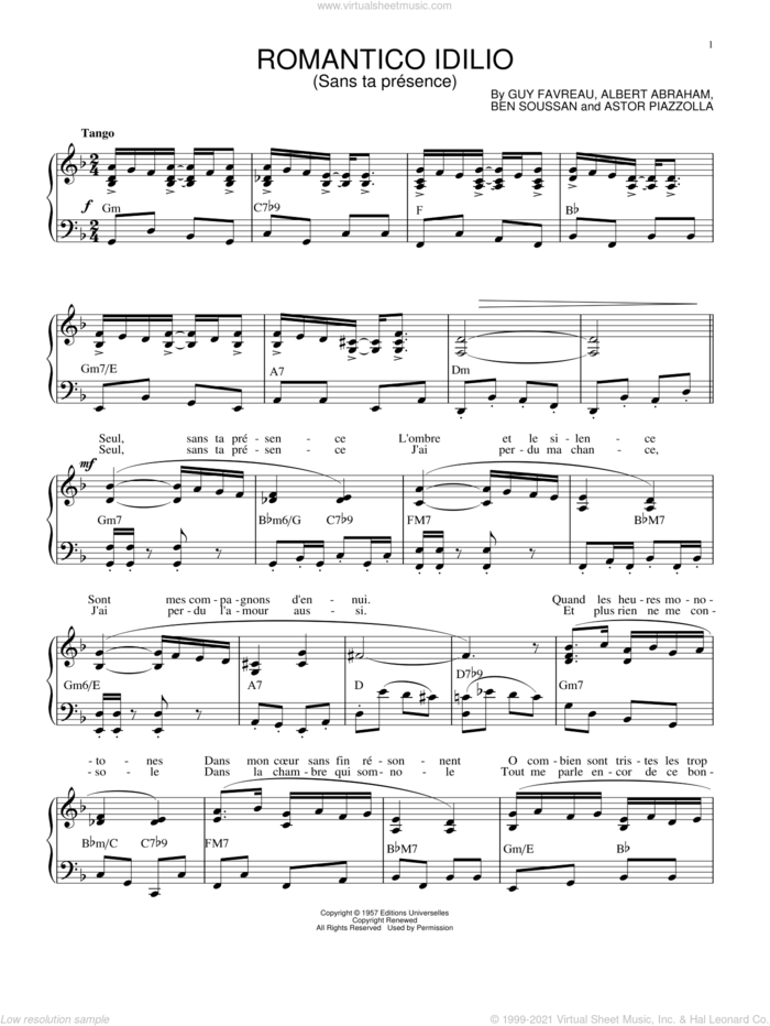 Romantico Idilio (Sans ta presence) sheet music for piano solo by Astor Piazzolla, Albert Abraham, Ben Soussan and Guy Favreau, intermediate skill level