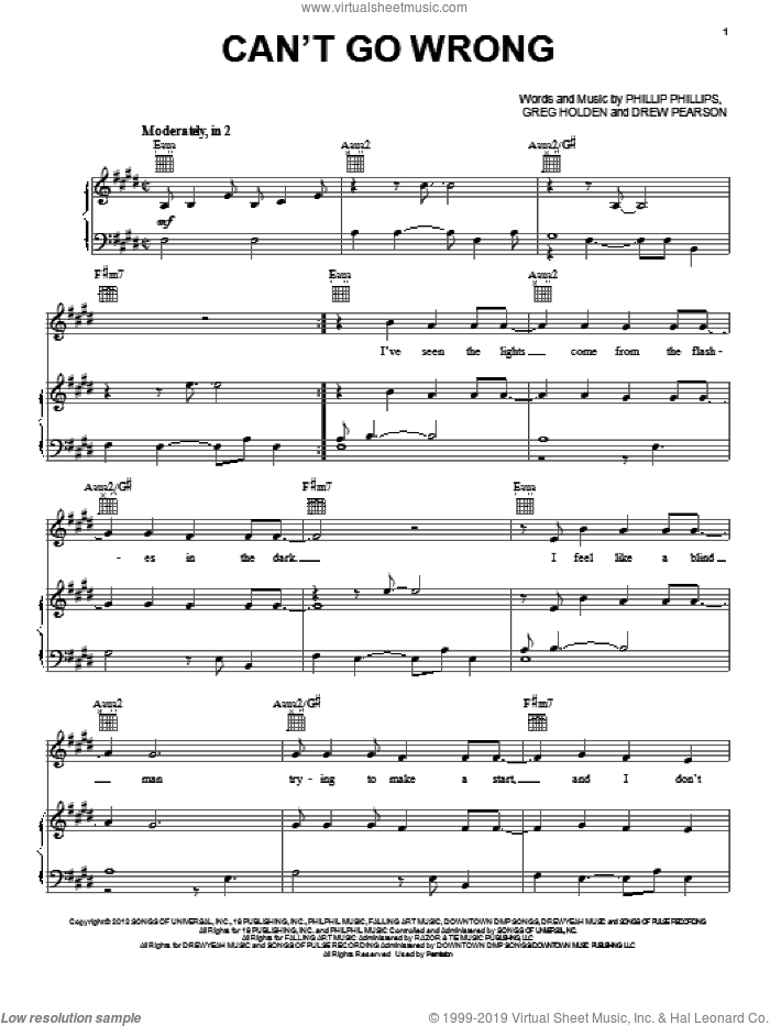 Can't Go Wrong sheet music for voice, piano or guitar by Phillip Phillips, intermediate skill level