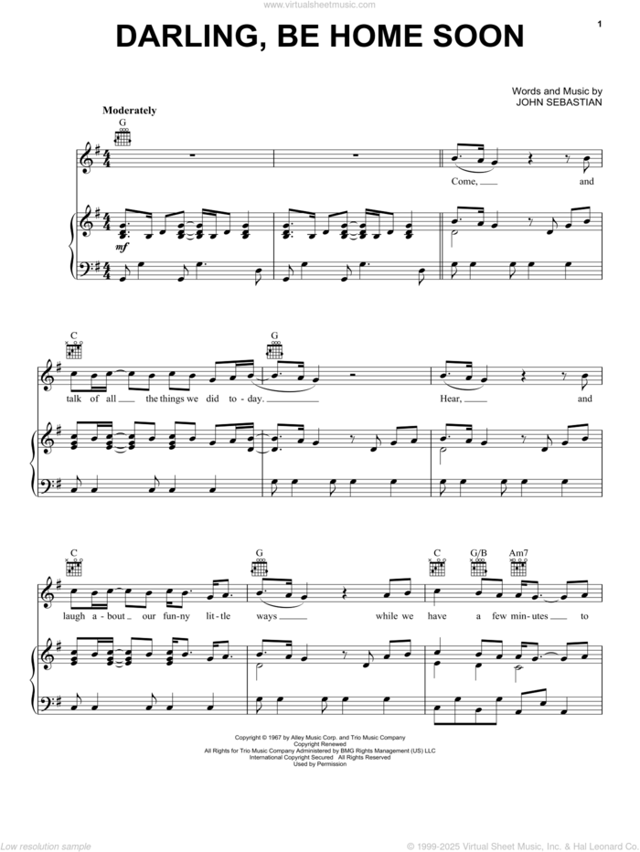 Darling, Be Home Soon sheet music for voice, piano or guitar by The Lovin' Spoonful, Bobby Darin, Joe Cocker and John Sebastian, intermediate skill level