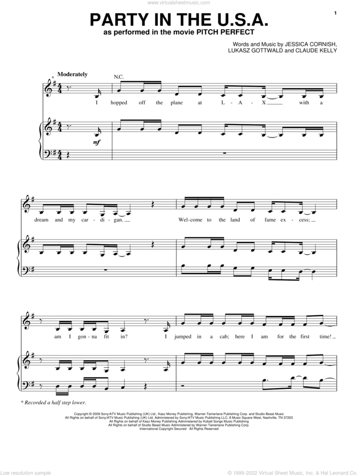 Party In The U.S.A. sheet music for voice, piano or guitar by Miley Cyrus, Anna Kendrick and Pitch Perfect (Movie), intermediate skill level