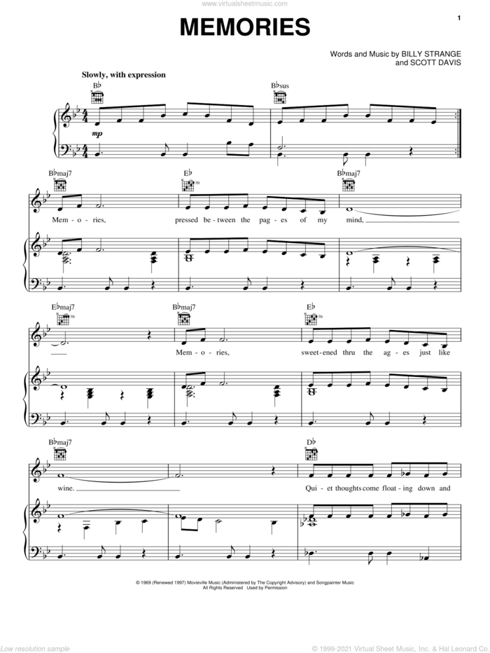 Memories sheet music for voice, piano or guitar by Elvis Presley, intermediate skill level