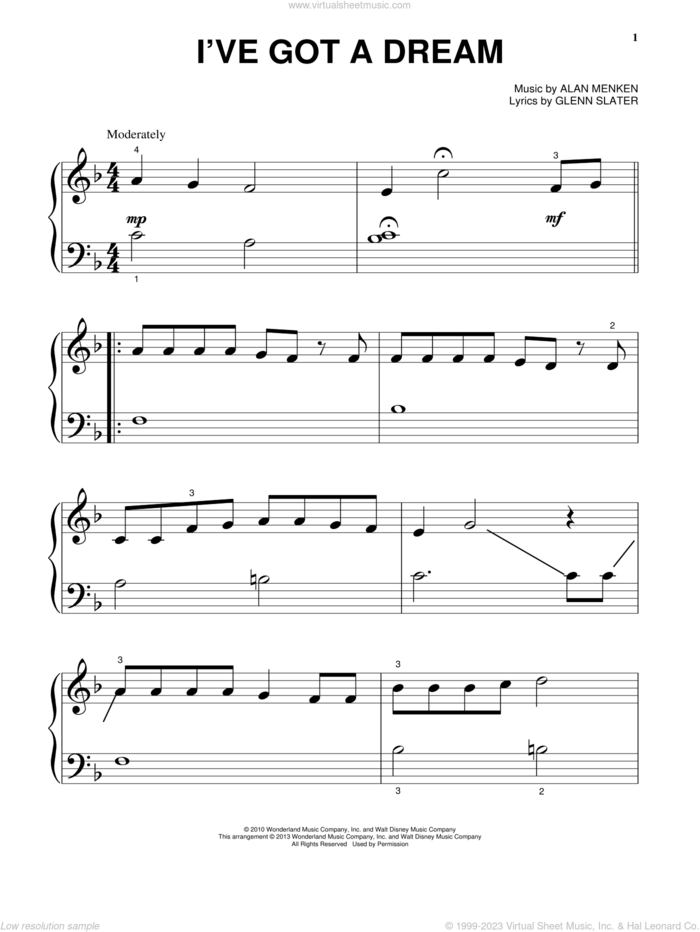 I've Got A Dream (from Tangled) sheet music for piano solo by Alan Menken, Mandy Moore, Glenn Slater and Tangled (Movie), beginner skill level