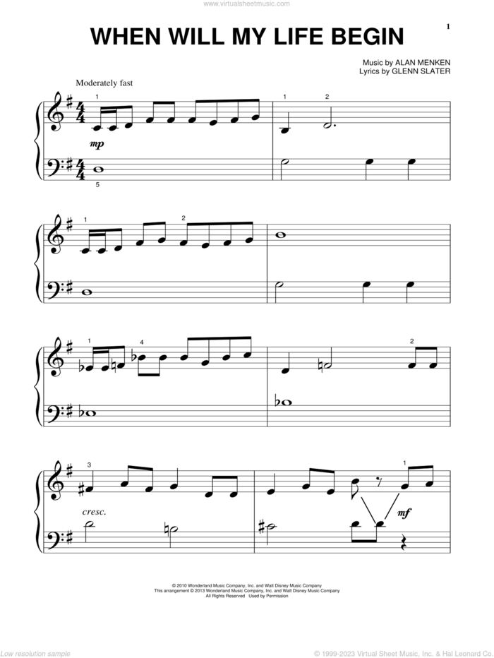 When Will My Life Begin? (from Tangled) sheet music for piano solo by Alan Menken, Mandy Moore, Glenn Slater and Tangled (Movie), beginner skill level