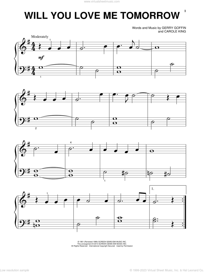 Will You Love Me Tomorrow (Will You Still Love Me Tomorrow), (beginner) sheet music for piano solo by Carole King and The Shirelles, beginner skill level
