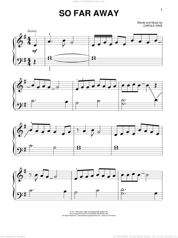 So Far Away, (beginner) sheet music for piano solo by Carole King and Rod Stewart, beginner skill level