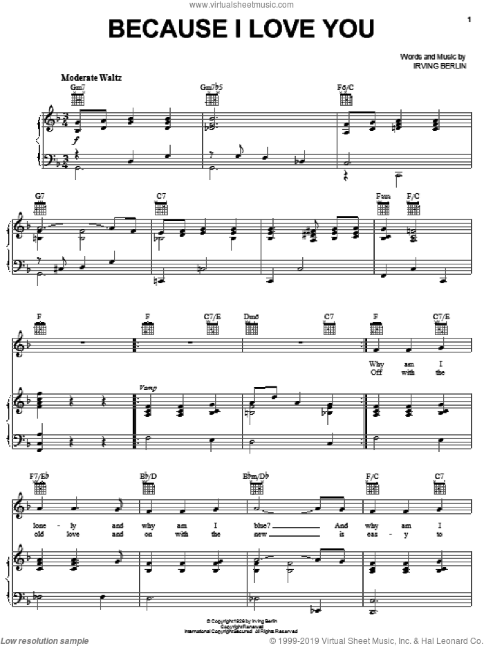 Because I Love You sheet music for voice, piano or guitar by Irving Berlin, wedding score, intermediate skill level