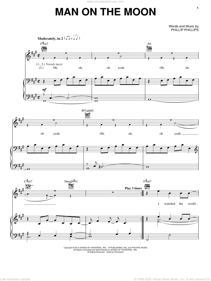 Man On The Moon sheet music for voice, piano or guitar by Phillip Phillips, intermediate skill level