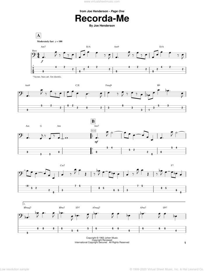 Recorda Me sheet music for bass (tablature) (bass guitar) by Joe Henderson, intermediate skill level