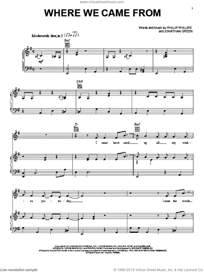 Where We Came From sheet music for voice, piano or guitar by Phillip Phillips, intermediate skill level