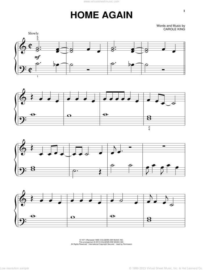 Home Again, (beginner) sheet music for piano solo by Carole King, beginner skill level