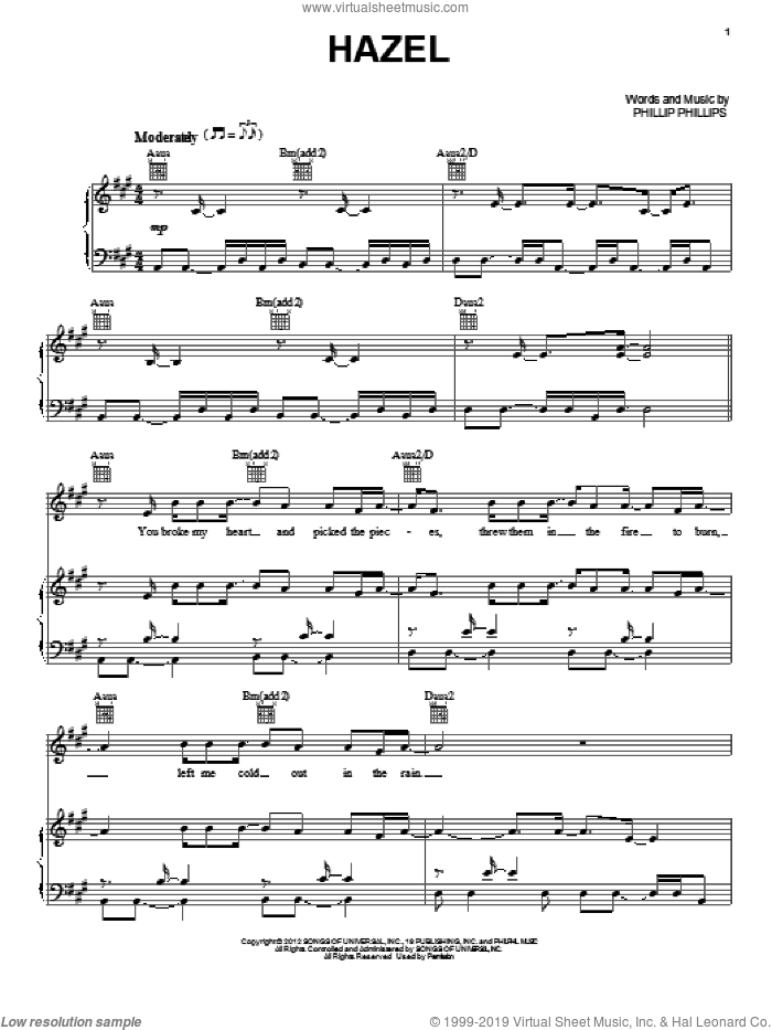 Hazel sheet music for voice, piano or guitar by Phillip Phillips, intermediate skill level