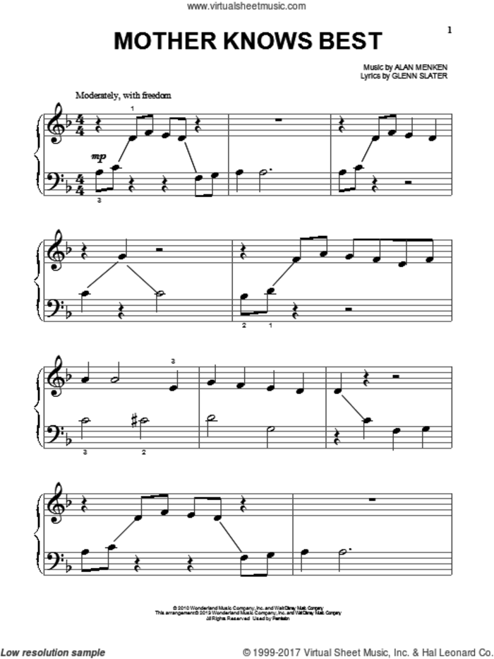Mother Knows Best (from Disney's Tangled) sheet music for piano solo by Donna Murphy, Alan Menken, Glenn Slater and Tangled (Movie), beginner skill level