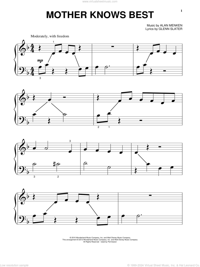 Mother Knows Best (from Disney's Tangled) sheet music for piano solo by Donna Murphy, Alan Menken, Glenn Slater and Tangled (Movie), beginner skill level