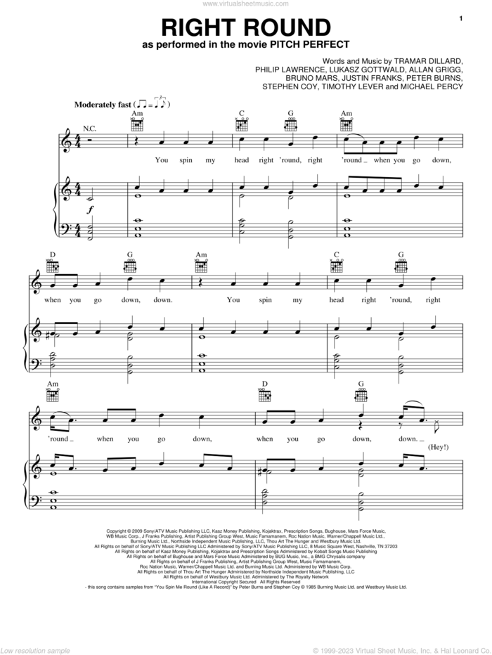 Right Round sheet music for voice, piano or guitar by Flo Rida feat. Kesha, Anna Kendrick and Pitch Perfect (Movie), intermediate skill level