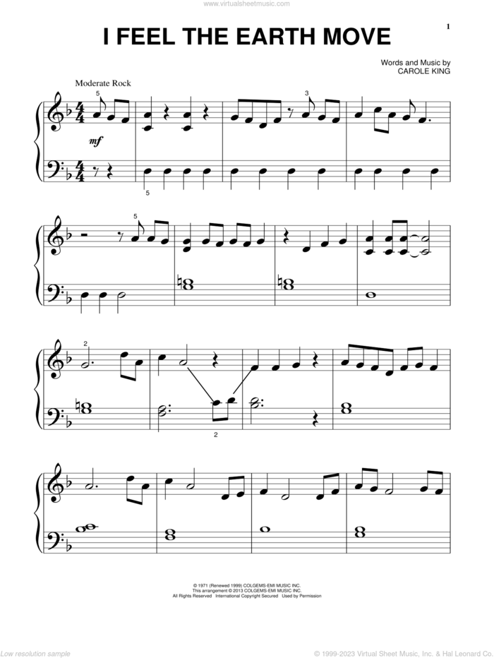 I Feel The Earth Move, (beginner) sheet music for piano solo by Carole King, beginner skill level
