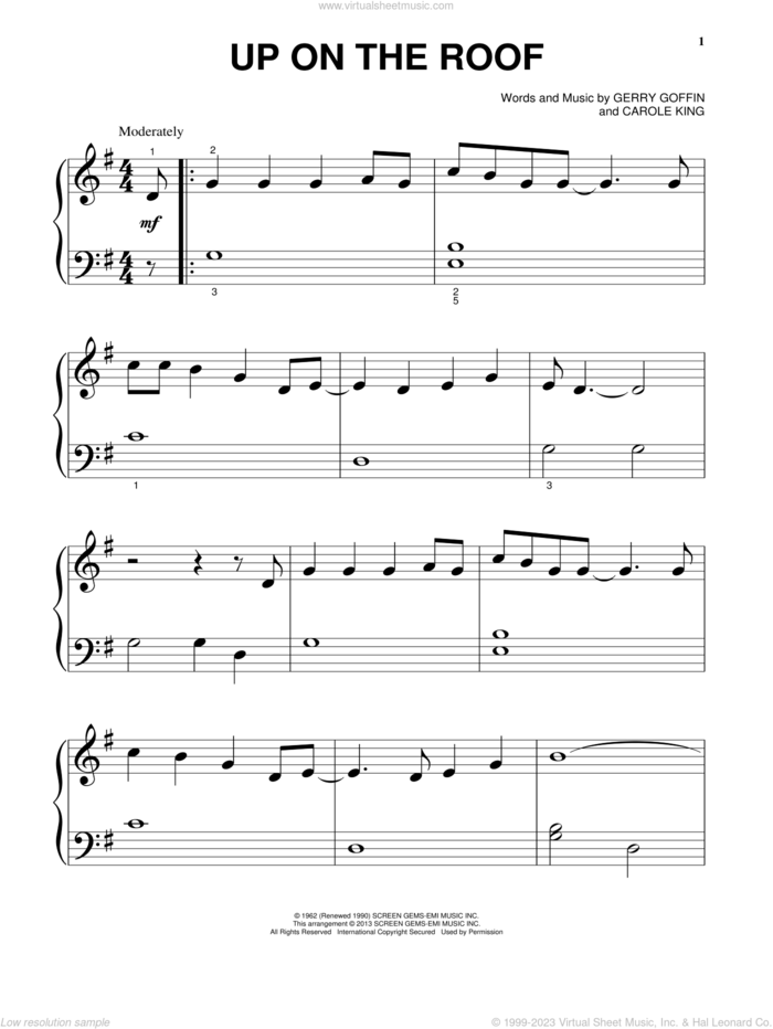 Up On The Roof sheet music for piano solo by Carole King and The Drifters, beginner skill level