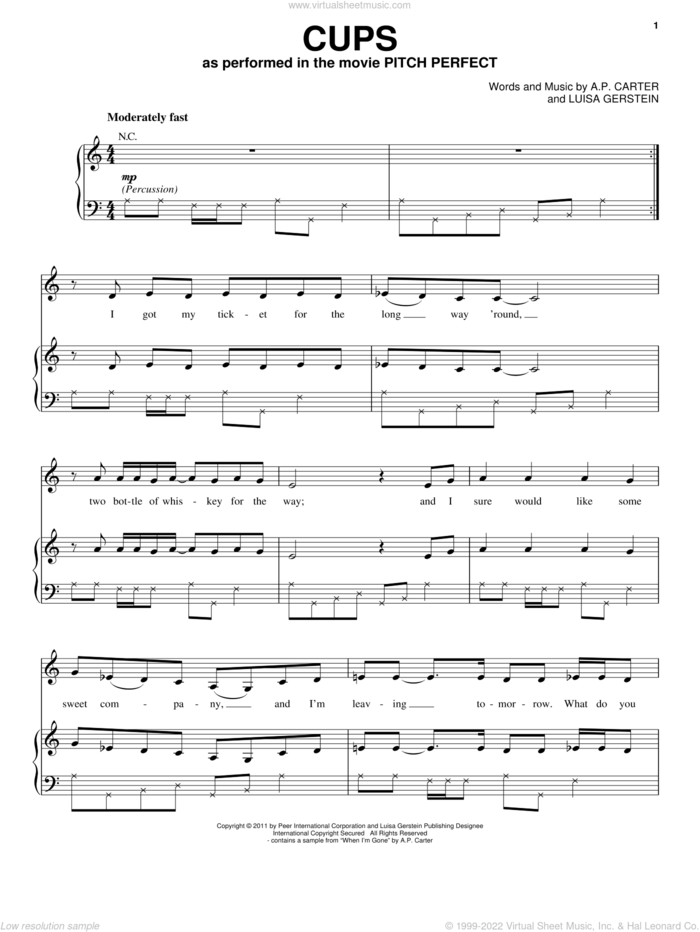 Cups (When I'm Gone) sheet music for voice, piano or guitar by Anna Kendrick and Pitch Perfect (Movie), intermediate skill level