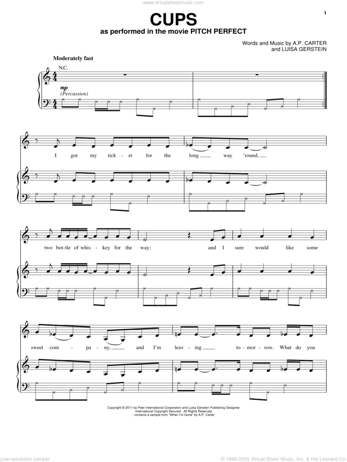 Cups (When I'm Gone) sheet music for voice, piano or guitar by Anna Kendrick and Pitch Perfect (Movie), intermediate skill level