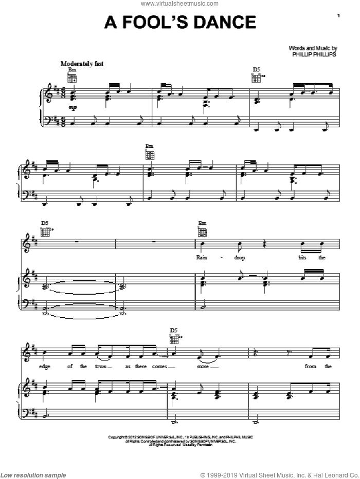A Fool's Dance sheet music for voice, piano or guitar by Phillip Phillips, intermediate skill level