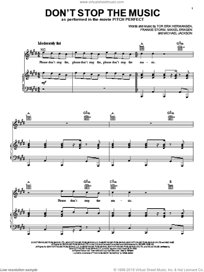 Don't Stop The Music sheet music for voice, piano or guitar by Pitch Perfect (Movie), Anna Kendrick and Rihanna, intermediate skill level