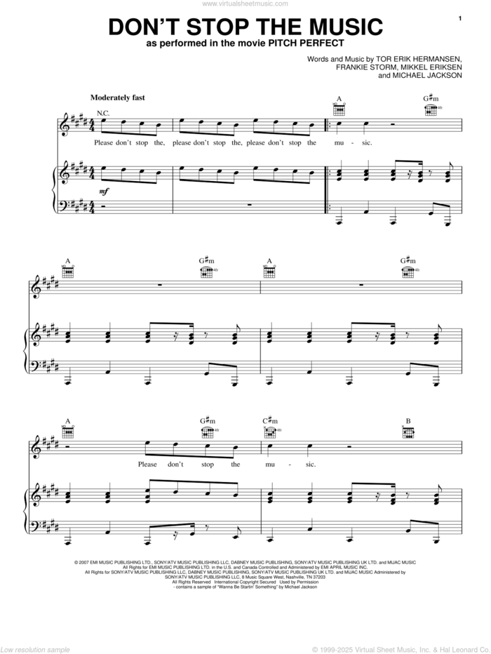 Don't Stop The Music sheet music for voice, piano or guitar by Pitch Perfect (Movie), Anna Kendrick and Rihanna, intermediate skill level