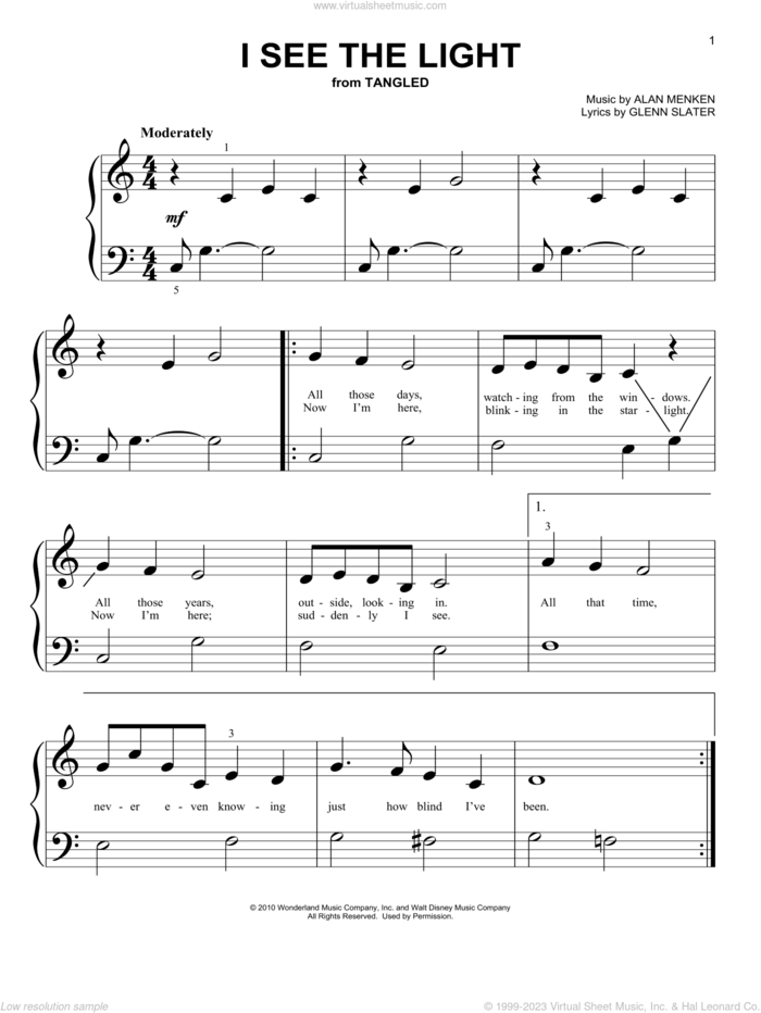 I See The Light (from Tangled) sheet music for piano solo (big note book) by Alan Menken, Glenn Slater and Tangled (Movie), easy piano (big note book)