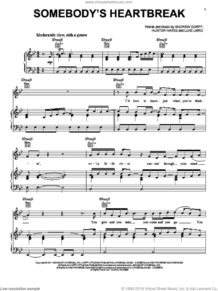 Somebody's Heartbreak sheet music for voice, piano or guitar by Hunter Hayes, intermediate skill level