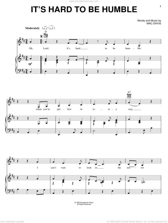 It's Hard To Be Humble sheet music for voice, piano or guitar by Mac Davis, intermediate skill level