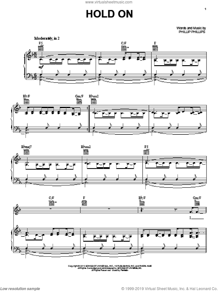 Hold On sheet music for voice, piano or guitar by Phillip Phillips, intermediate skill level
